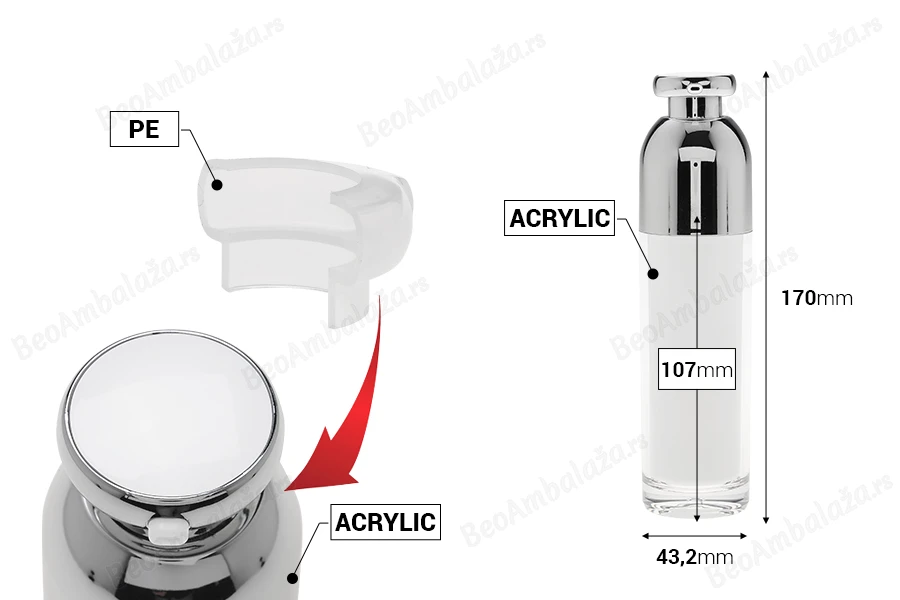Luksuzna airless akrilna bočica 100mL za kreme sa pumpicom i zaštitnim zatvaračem-dimenzije_slike