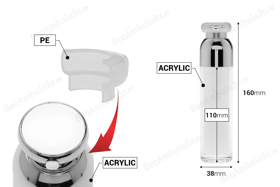 Luksuzna airless akrilna bočica 50mL za kreme sa pumpicom i zaštitnim zatvaračem-dimenzije_slike