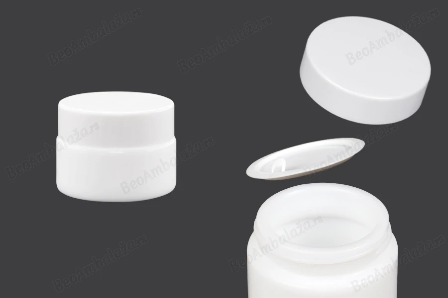 Staklena bela teglica za kreme 15mL, sa zaptivkom u belom plastičnom zatvaraču i međupoklopcem-slika_proizvoda