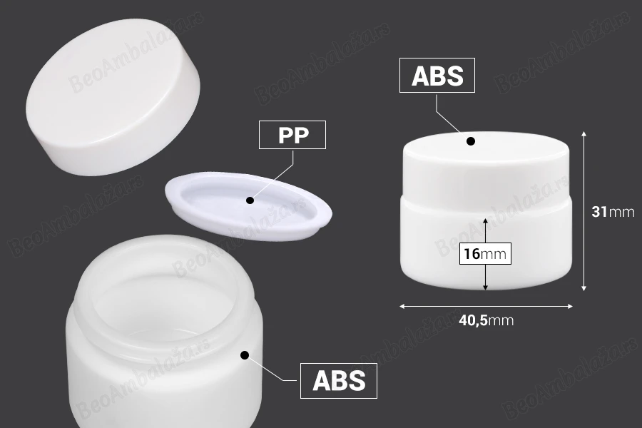 Staklena bela teglica za kreme 15mL, sa zaptivkom u belom plastičnom zatvaraču i međupoklopcem-dimenzije_slike