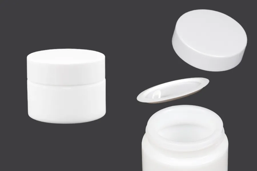 Staklena bela teglica za kreme 30mL sa belim plastičnim zatvaračem sa zaptivkom i međupoklopcem Staklena bela teglica za kreme 30mL sa belim plastičnim zatvaračem sa zaptivkom i međupoklopcem