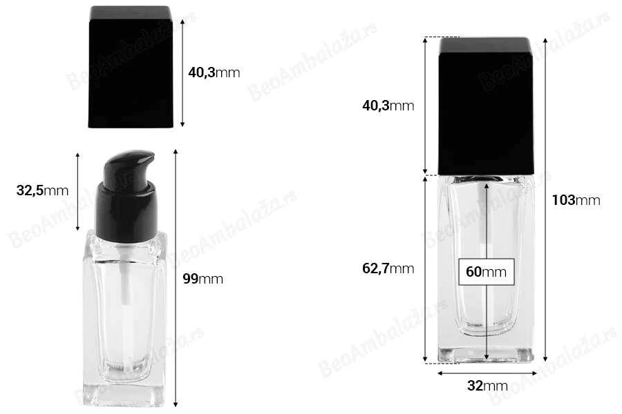 Staklena četvrtasta bočica 30mL za kreme sa crnom pumpicom i crnim zatvaračem-dimenzije_slike