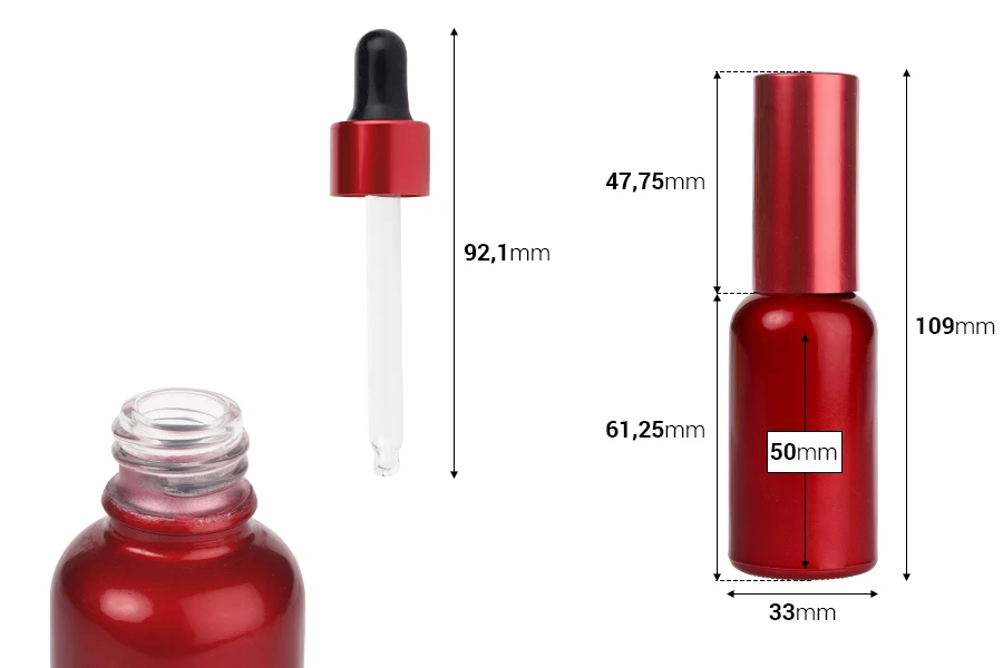 Staklena crvena bočica 30mL sa pipetom i zatvaračem