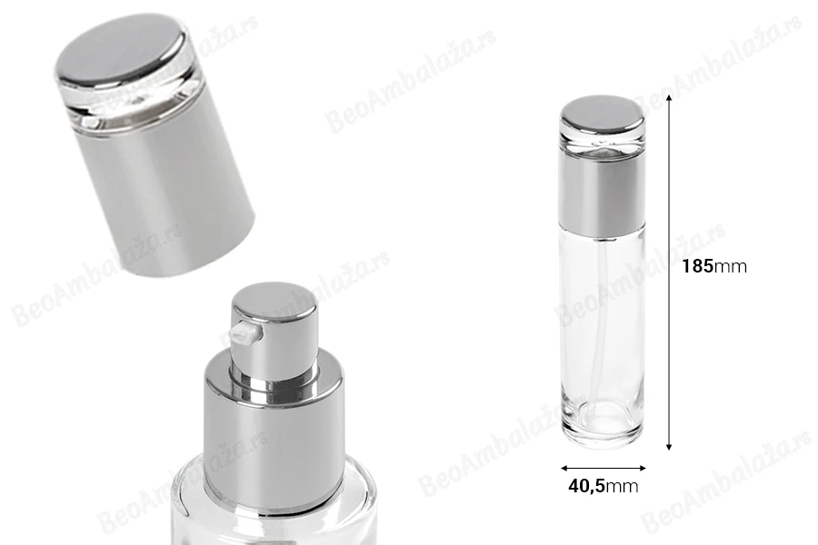 Staklena bočica 100mL sa srebrnom pumpicom i zatvaračem-dimenzije_slike