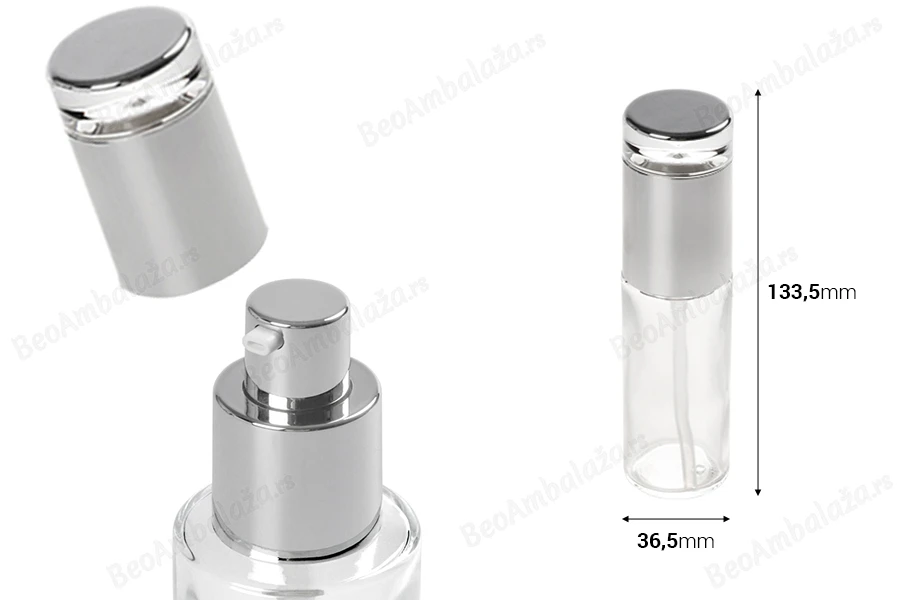 Staklena bočica 50mL sa srebrnom pumpicom i zatvaračem-dimenzije_slike
