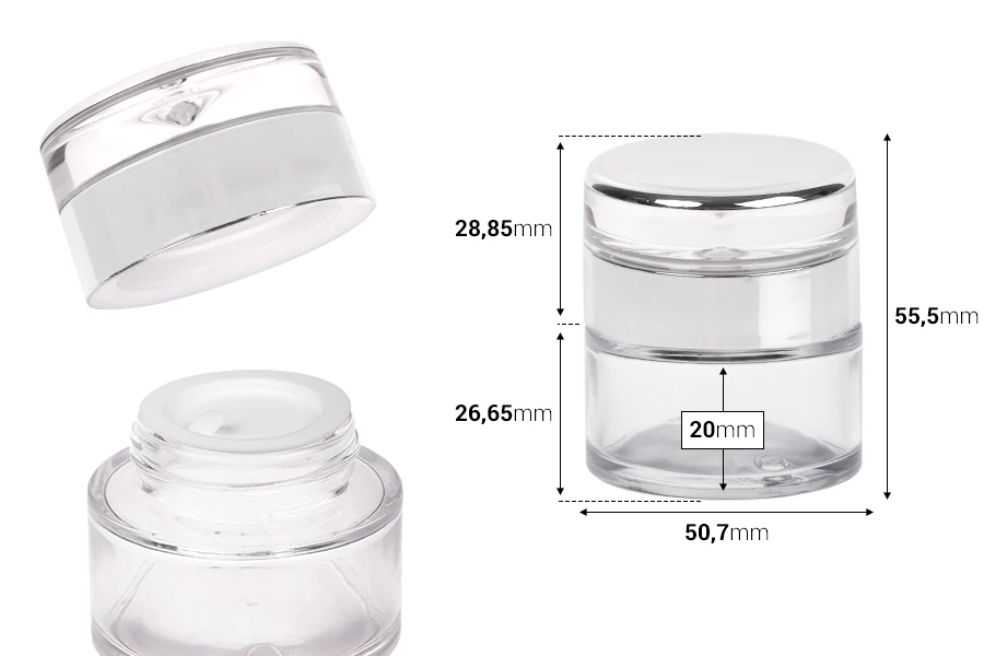 Staklena okrugla teglica za kreme 30mL sa akrilnim zatvaračem sa zaptivkom i plastičnim međupoklopcem-dimenzije_slike