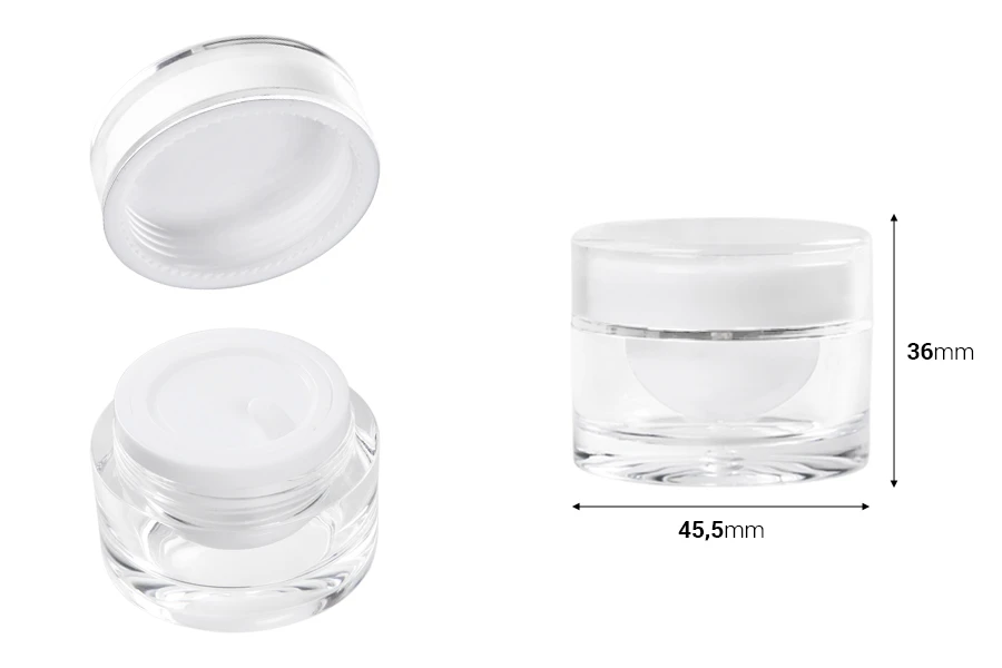 Luksuzna akrilna okrugla kutijica od 10mL sa unutrašnjom zaptivkom na zatvaraču i plastičnim međupoklopcem - 12 kom-dimenzije_slike