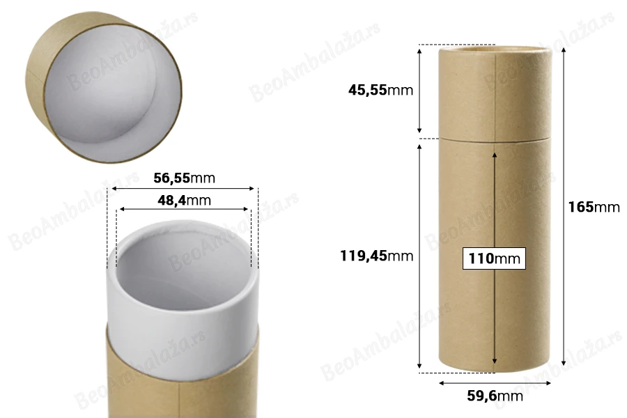 Cilindrična braon kartonska kutijica 59,6x165 mm za bočice (bela iznutra) - 12 kom-dimenzije_slike