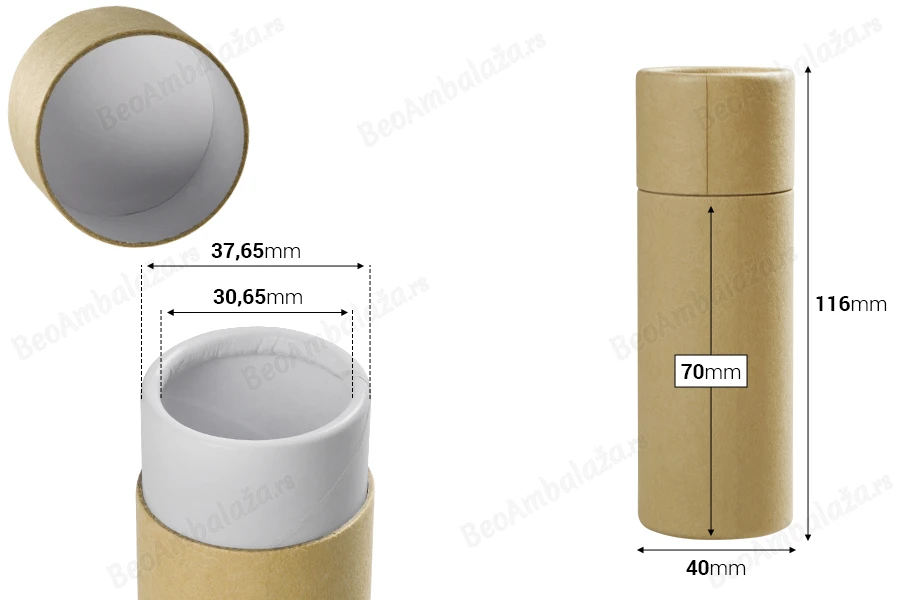 Cilindrična braon kartonska kutijica 40x116mm za bočice (bela iznutra) - 12 kom-dimenzije_slike