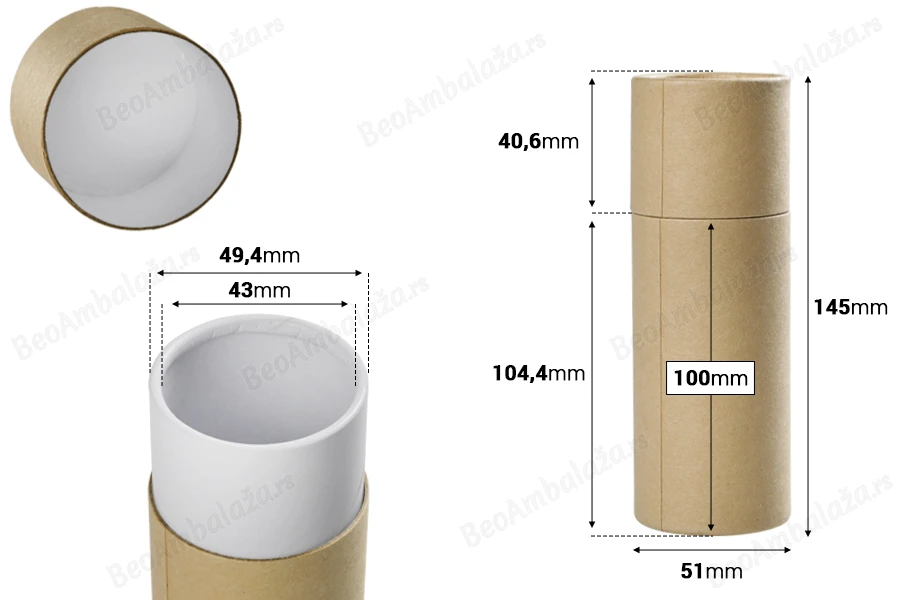 Cilindrična braon kartonska kutijica 51x145 mm za bočice (bela iznutra) - 12 kom-dimenzije_slike