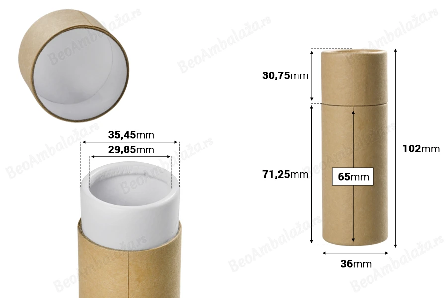 Cilindrična braon kartonska kutijica 36x102mm za bočice (bela iznutra) - 12 kom-dimenzije_slike