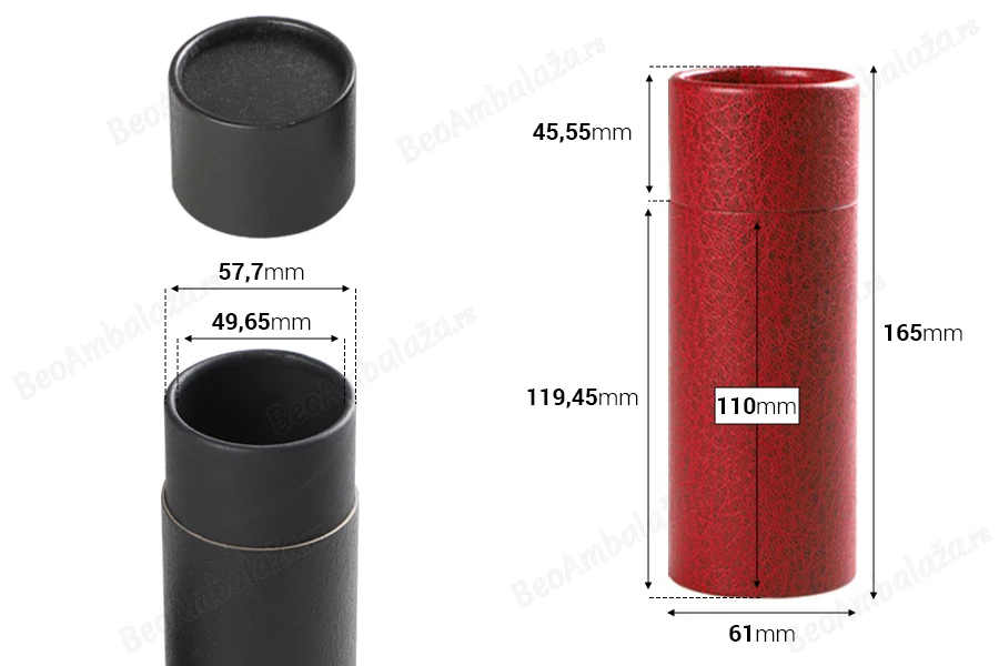 Cilindrična kartonska kutija 61x165mm za bočice (crna iznutra), u 2 boje - 12 kom-dimenzije_slike