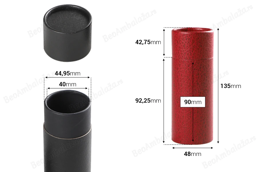 Cilindrična kartonska kutija 48x135mm za bočice (crna iznutra), u 2 boje - 12 kom-dimenzije_slike