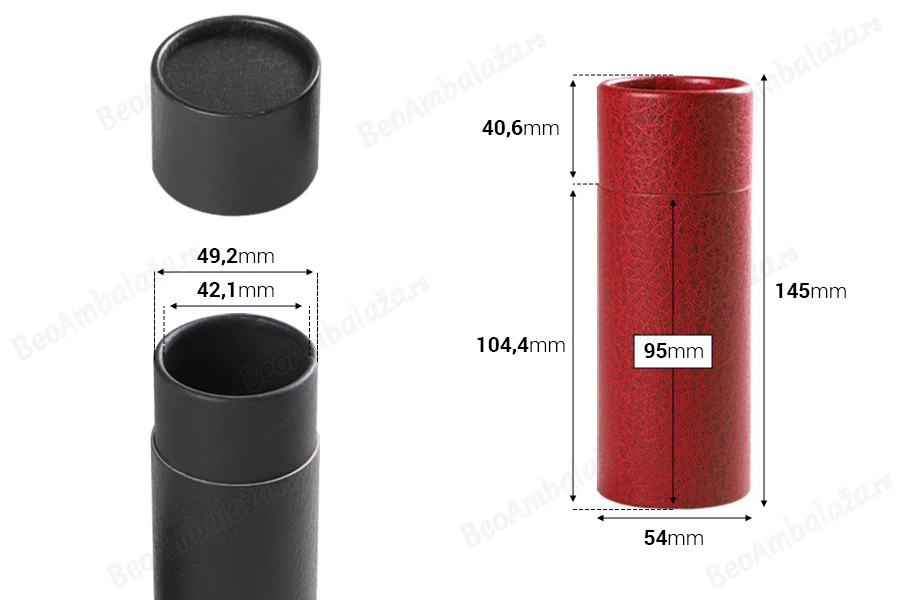 Cilindrična kartonska kutija 54x145mm za bočice (crna iznutra), u 2 boje - 12 kom-dimenzije_slike