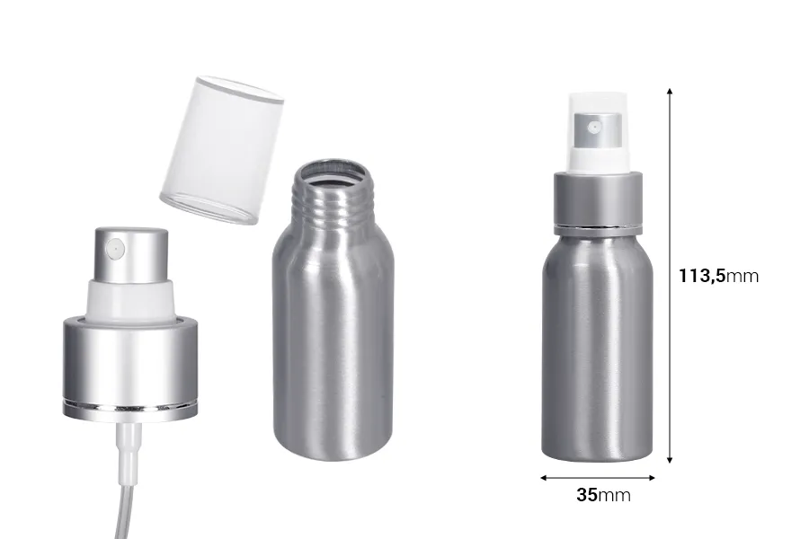Aluminijumska boca 50mL sa sprejom i plastičnim zatvaračem - 10 kom Aluminijumska boca 50mL sa sprejom i plastičnim zatvaračem - 10 kom