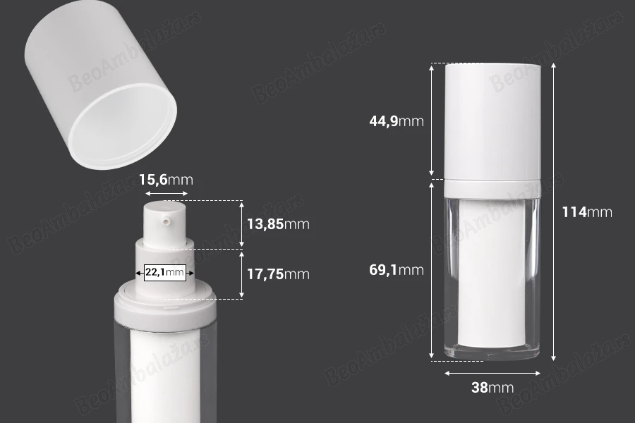 Dopunjiva plastična Airless flašica od 15 mL za kreme, sa spoljnim akrilnim kućištem-dimenzije_slike