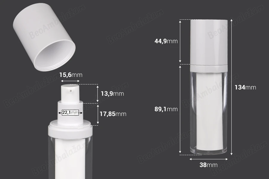 Dopunjiva plastična Airless flašica od 30 mL za kreme, sa spoljnim akrilnim kućištem-dimenzije_slike