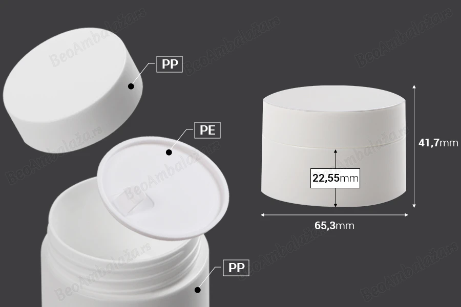 Bela plastična kutijica sa duplim dnom, 50mL sa zatvaračem sa zaptivkom i međupoklopcem - 12 kom-dimenzije_slike