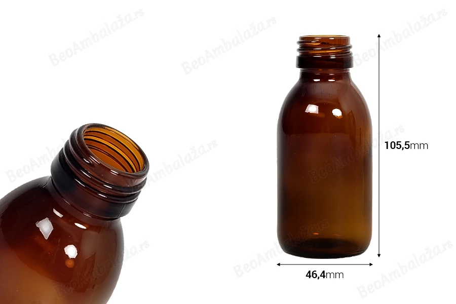 Staklena bočica 100mL za etarska ulja u braon boji, sa grlom PP28-dimenzije_slike