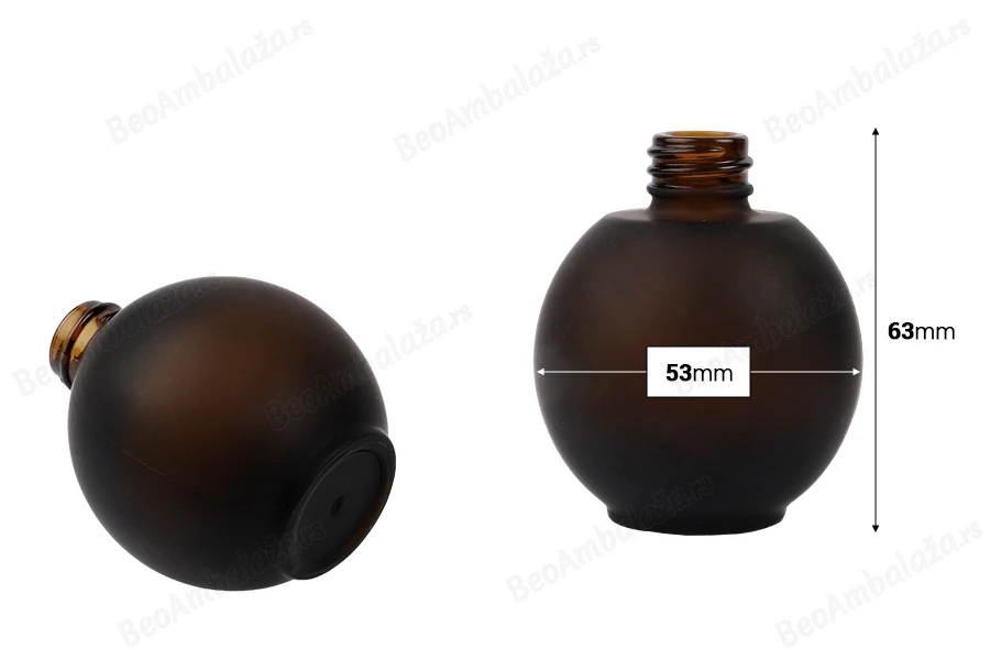 Peskirana okrugla braon staklena bočica 50mL, PP18 - bez zatvarača-dimenzije_slike