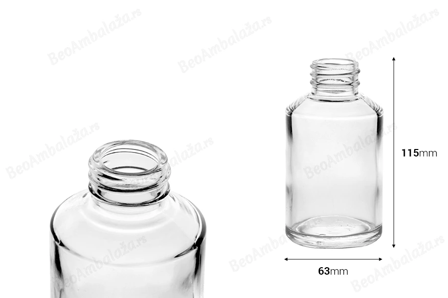 Staklena okrugla providna flašica 200mL, PP28-dimenzije_slike