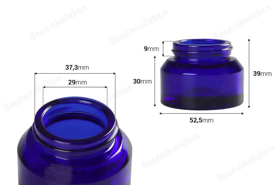 Staklena plava teglica 30mL za kreme - bez zatvarača-dimenzije_slike