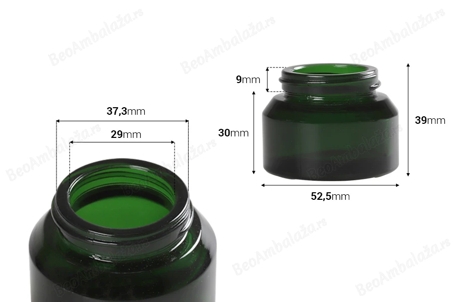 Staklena zelena teglica 30mL za kreme - bez zatvarača-dimenzije_slike