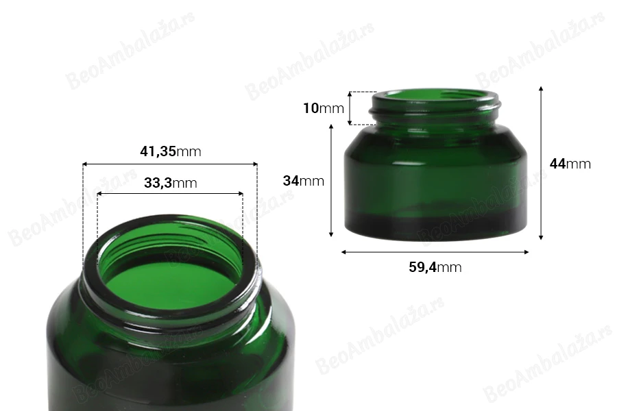 Staklena zelena teglica 50mL za kreme - bez zatvarača-dimenzije_slike
