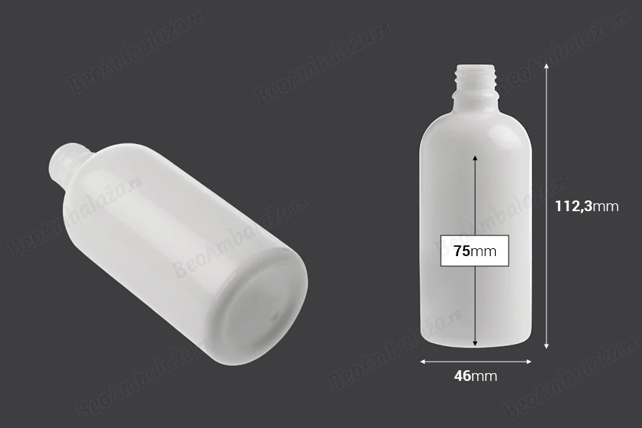 Bela staklena bočica za etarska ulja 100mL, sa grlom PP18 - bez zatvarača-dimenzije_slike