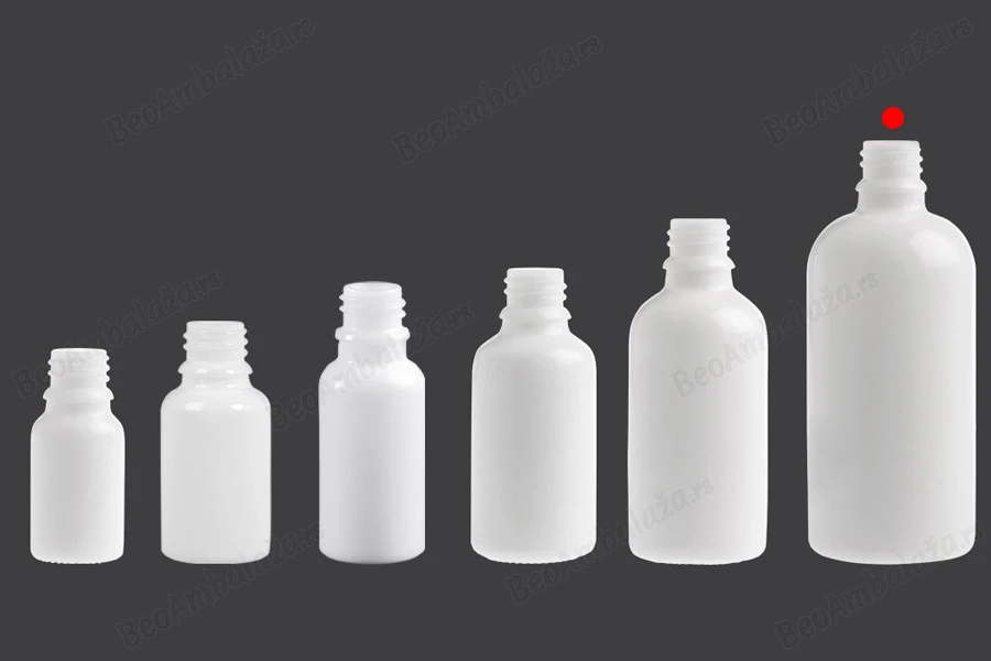 Bela staklena bočica za etarska ulja 100mL, sa grlom PP18 - bez zatvarača-grupa_slika