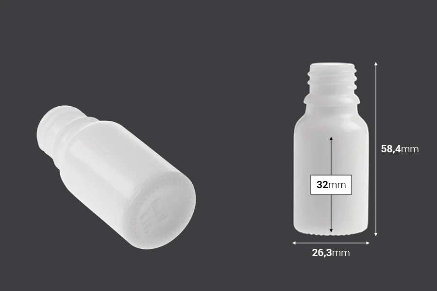 Staklena bočica 10mL za etarska ulja u beloj boji, sa grlom PP18-dimenzije_slike