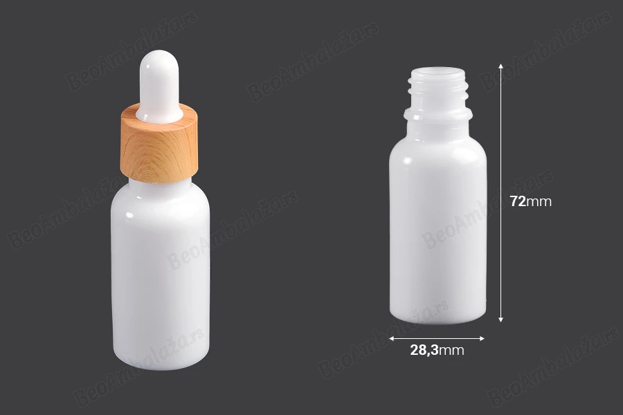 Bela staklena bočica za etarska ulja 20mL, sa grlom PP18 - bez zatvarača-dimenzije_slike