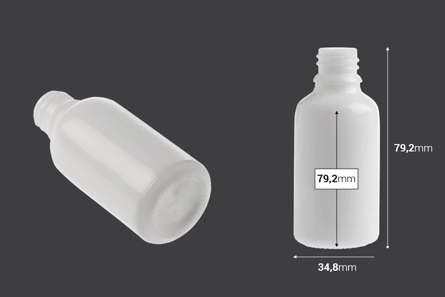 Bela staklena bočica za etarska ulja 30mL, sa grlom PP18 - bez zatvarača-dimenzije_slike