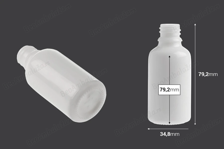 Bela staklena bočica za etarska ulja 30mL, sa grlom PP18 - bez zatvarača-dimenzije_slike
