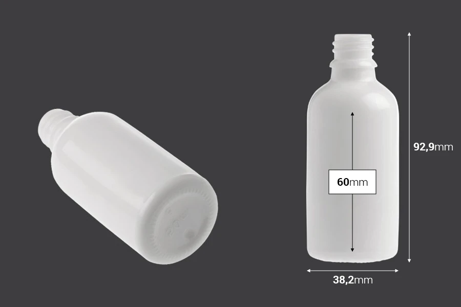 Bela staklena bočica za etarska ulja 50mL, sa grlom PP18 - bez zatvarača Bela staklena bočica za etarska ulja 50mL, sa grlom PP18 - bez zatvarača