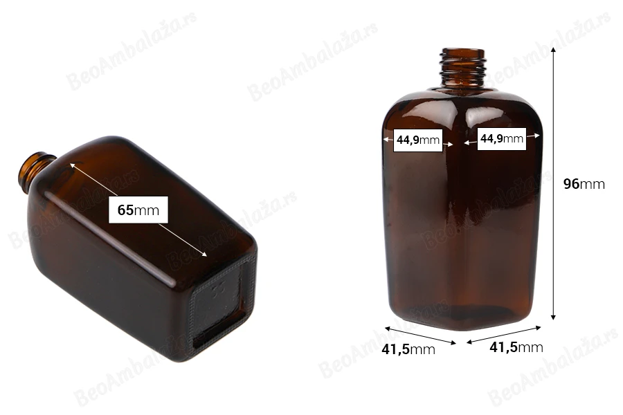Staklena karamel bočica za etarska ulja 100mL, sa grlom PP18-dimenzije_slike