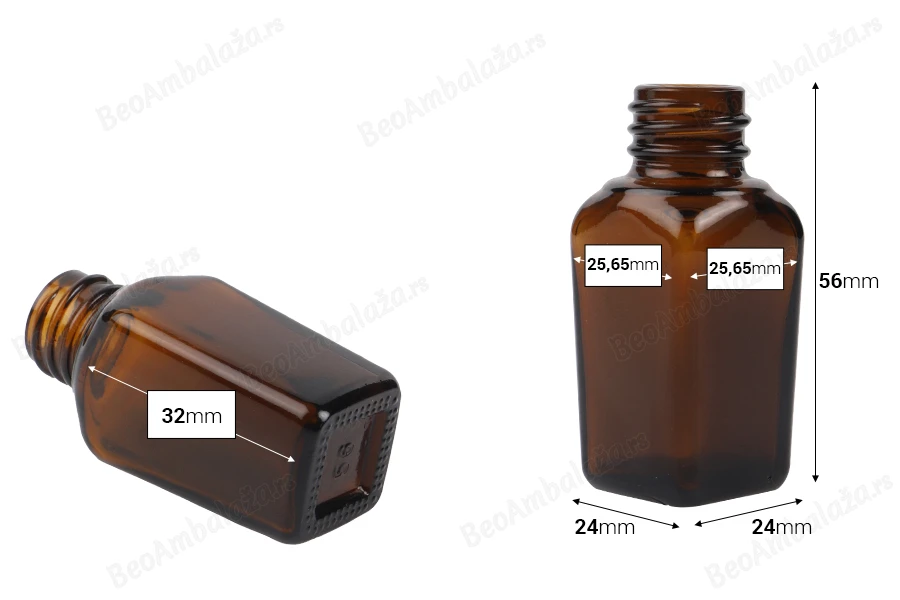 Staklena karamel bočica za etarska ulja 10mL, sa grlom PP18-dimenzije_slike