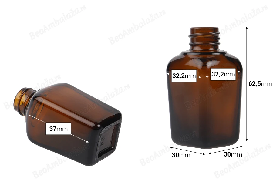Staklena karamel bočica za etarska ulja 20mL, sa grlom PP18-dimenzije_slike