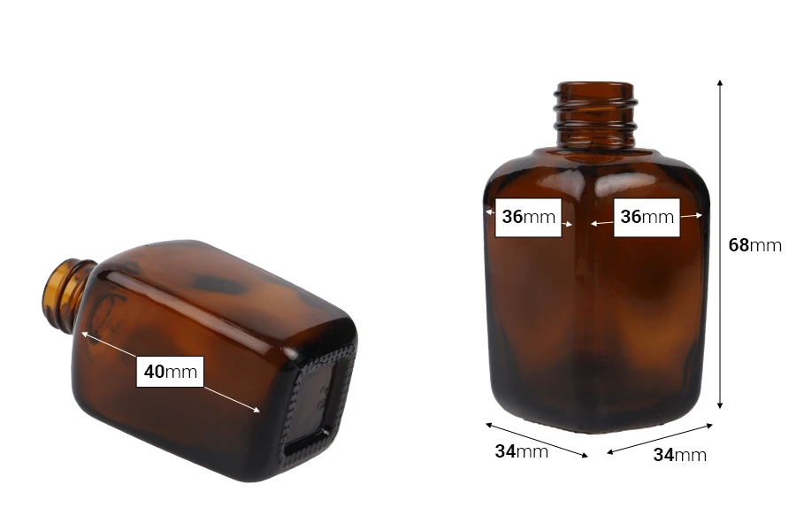 Staklena karamel bočica za etarska ulja 30mL, sa grlom PP18-dimenzije_slike