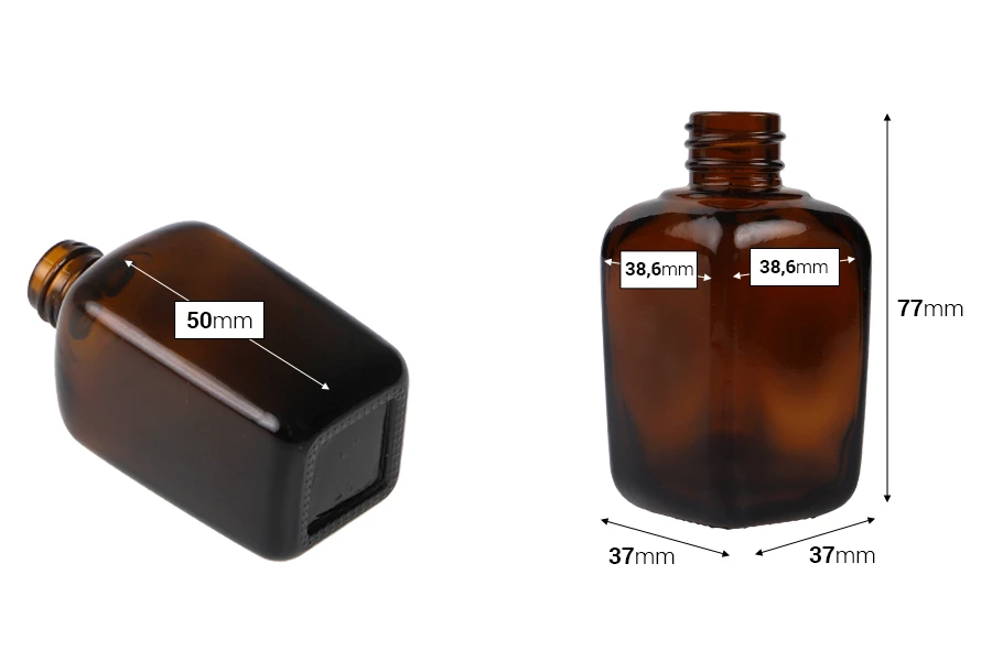 Staklena karamel bočica za etarska ulja 50mL, sa grlom PP18-dimenzije_slike