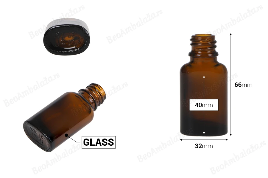 Staklena ovalna karamel bočica za etarska ulja 10mL, sa grlom PP18-dimenzije_slike