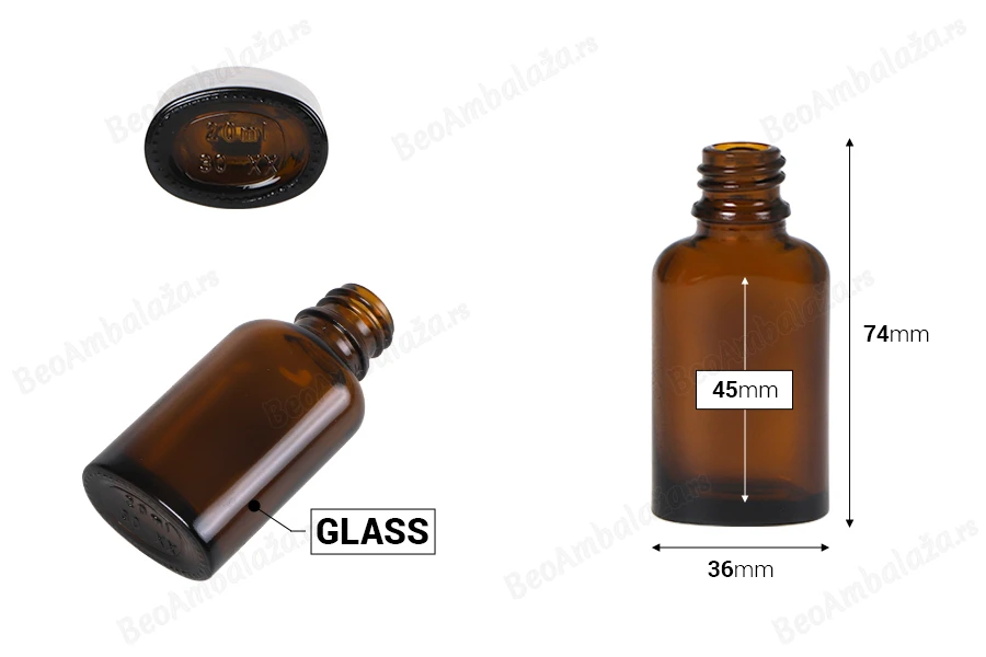 Staklena ovalna karamel bočica za etarska ulja 20mL, sa grlom PP18-dimenzije_slike