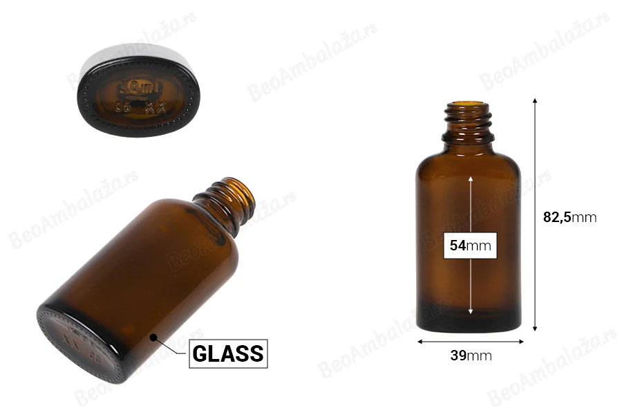 Staklena ovalna karamel bočica za etarska ulja 30mL, sa grlom PP18-dimenzije_slike