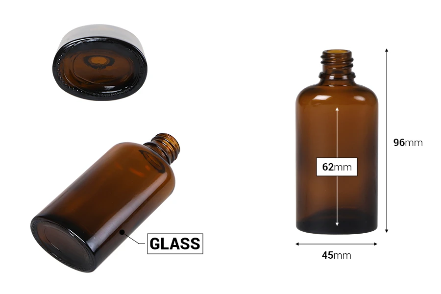 Staklena ovalna bočica 50mL za etarska ulja u braon boji, sa grlom PP18-dimenzije_slike