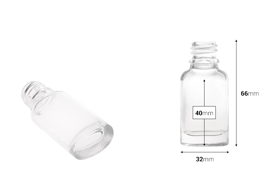 Staklena ovalna providna bočica za etarska ulja 10mL, sa grlom PP18