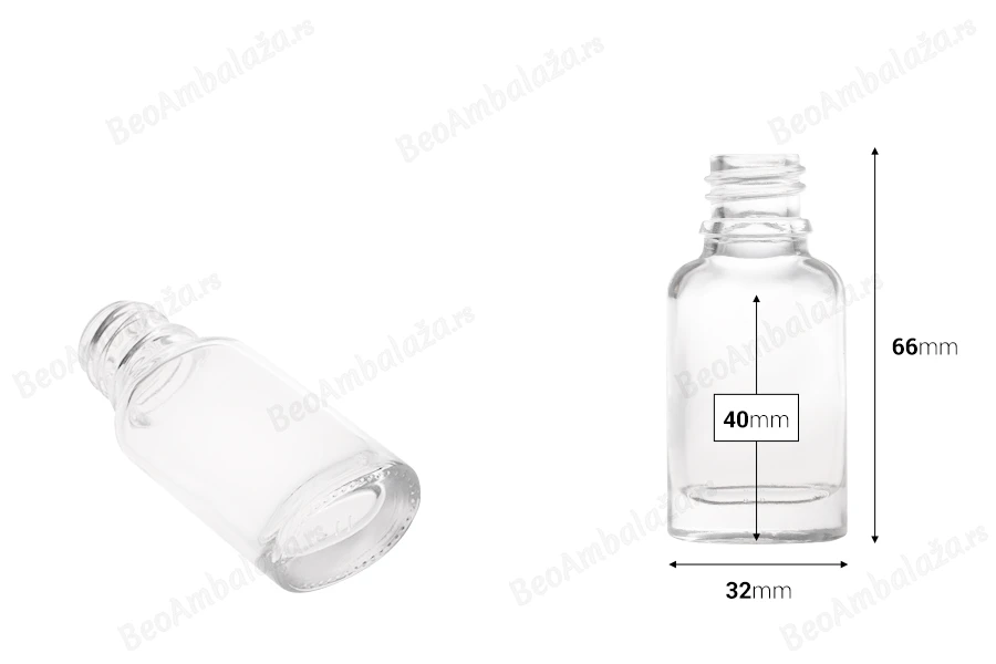 Staklena ovalna providna bočica za etarska ulja 10mL, sa grlom PP18-dimenzije_slike