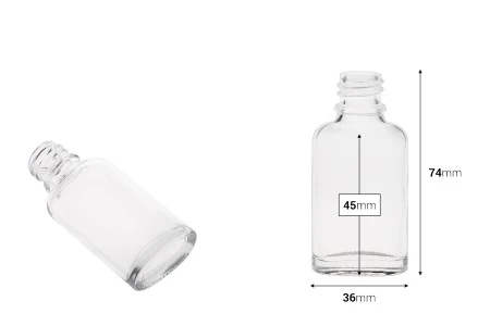 Staklena ovalna providna bočica za etarska ulja 20mL, sa grlom PP18-2