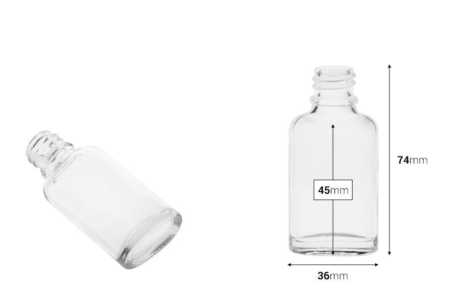 Staklena ovalna providna bočica za etarska ulja 20mL, sa grlom PP18-dimenzije_slike
