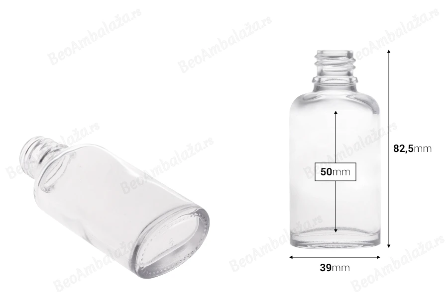 Staklena ovalna providna bočica za etarska ulja 30mL, sa grlom PP18-dimenzije_slike