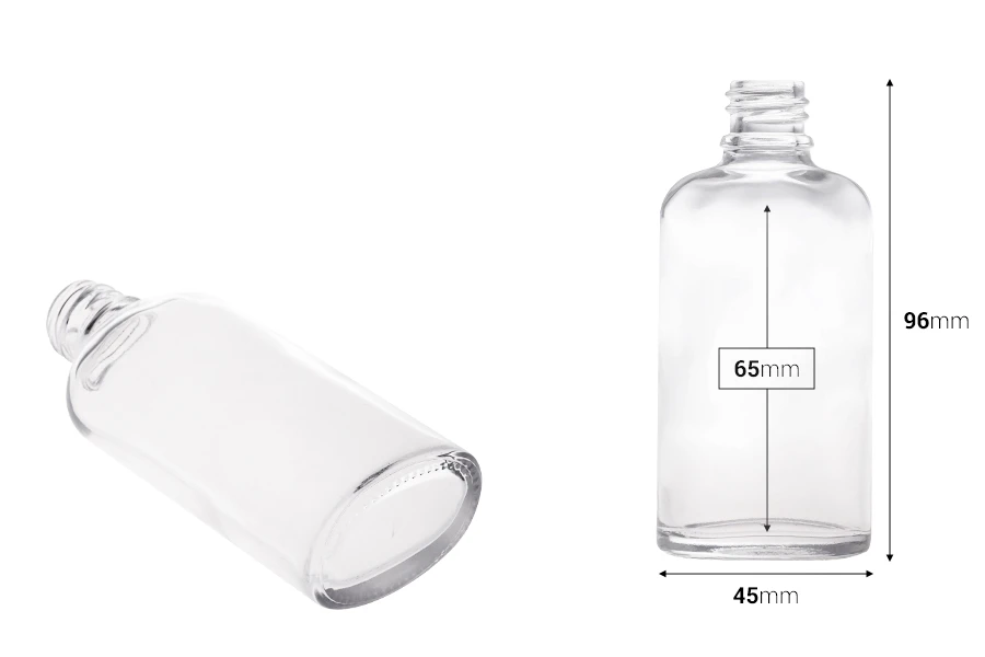 Staklena ovalna providna bočica za etarska ulja 50mL, sa grlom PP18-dimenzije_slike